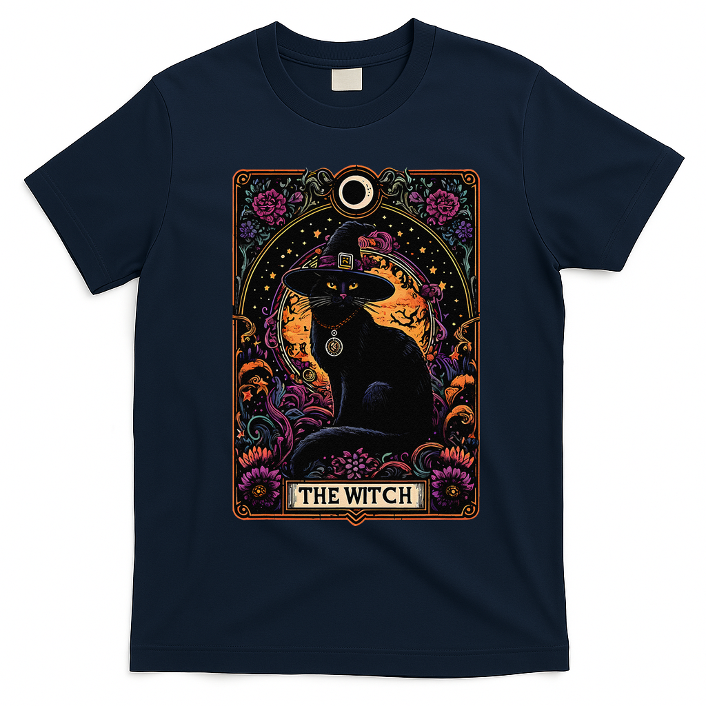 The Witch Cat Tarot Card Halloween Vintage Gothic T-Shirt - Navy Blue