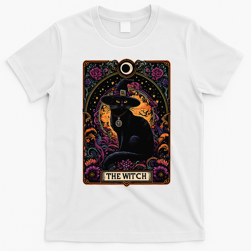 The Witch Cat Tarot Card Halloween Vintage Gothic T-Shirt - White