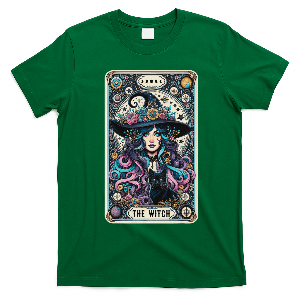 The Witch Cat Tarot Card Witch Vintage Gothic Halloween T-Shirt - Irish Green