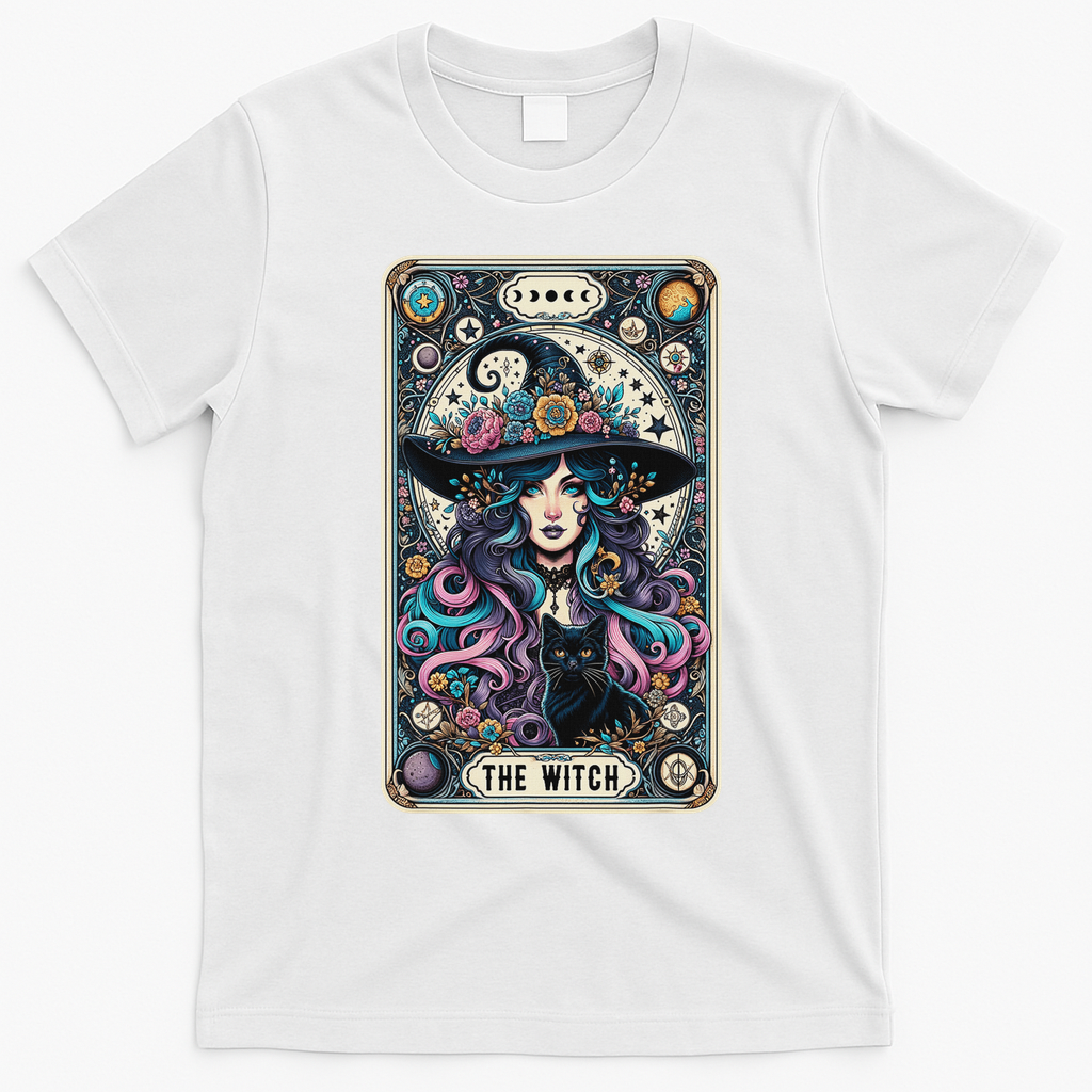 The Witch Cat Tarot Card Witch Vintage Gothic Halloween T-Shirt - White