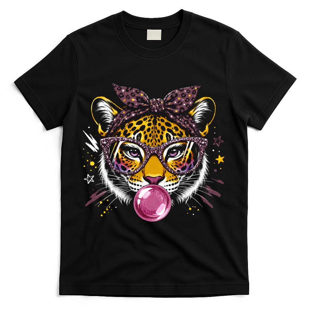 Tiger With Glasses Bubblegum And Pink Bow T-Shirt - Black