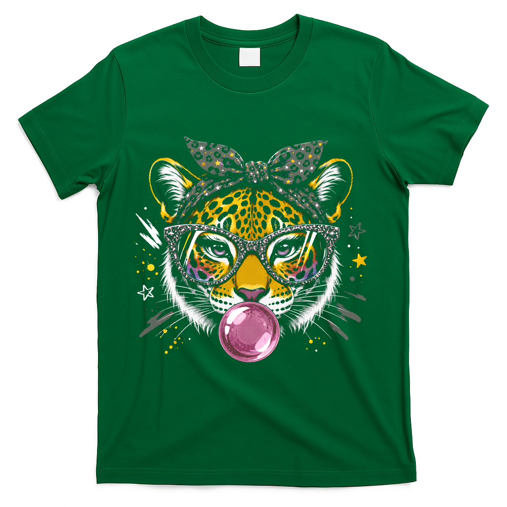 Tiger With Glasses Bubblegum And Pink Bow T-Shirt - Green