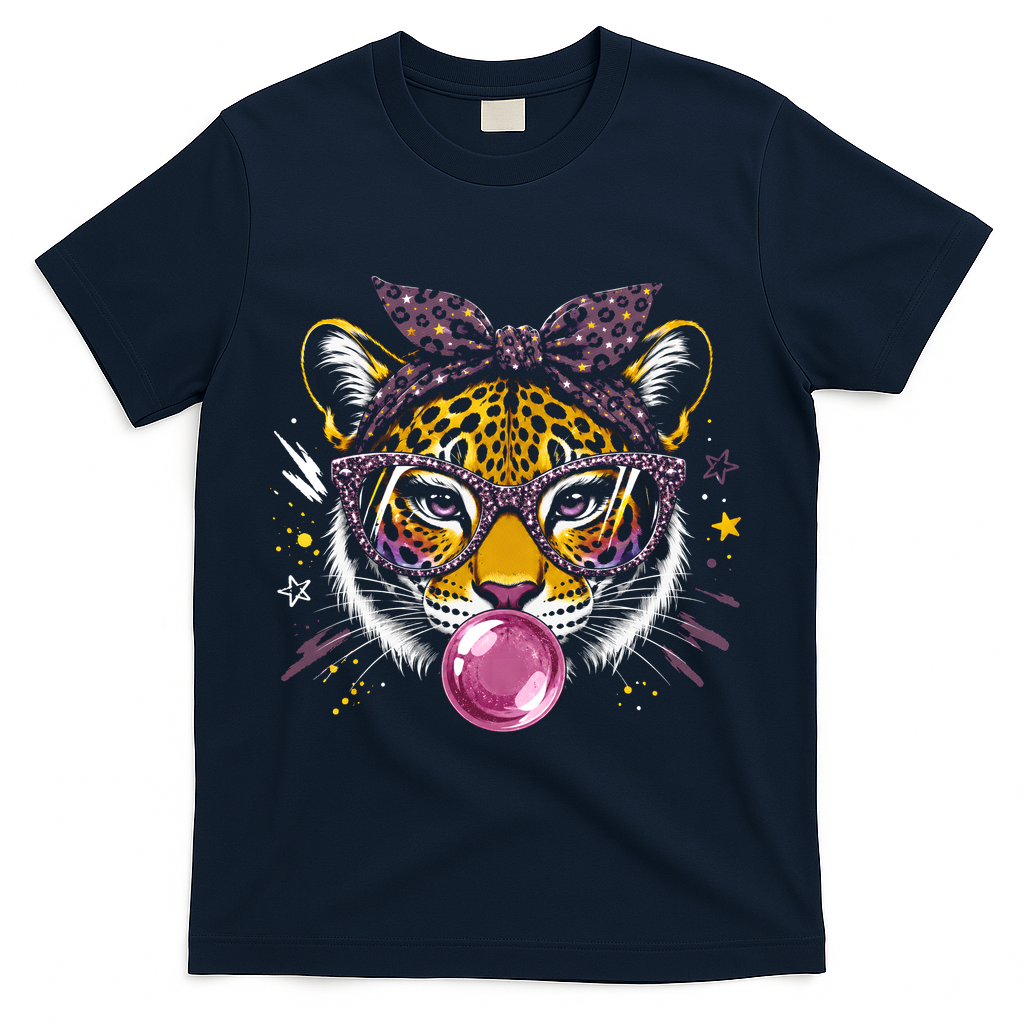 Tiger With Glasses Bubblegum And Pink Bow T-Shirt - Navy