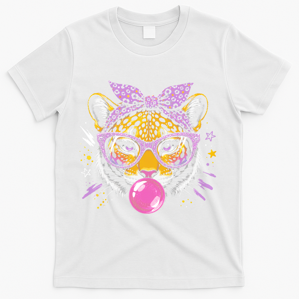 Tiger With Glasses Bubblegum And Pink Bow T-Shirt - White