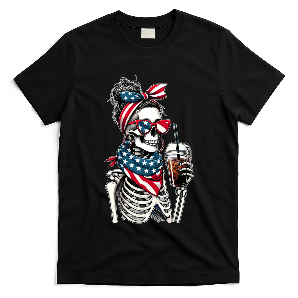 USA America Flag Skeleton Lady Coffee Lover T-Shirt