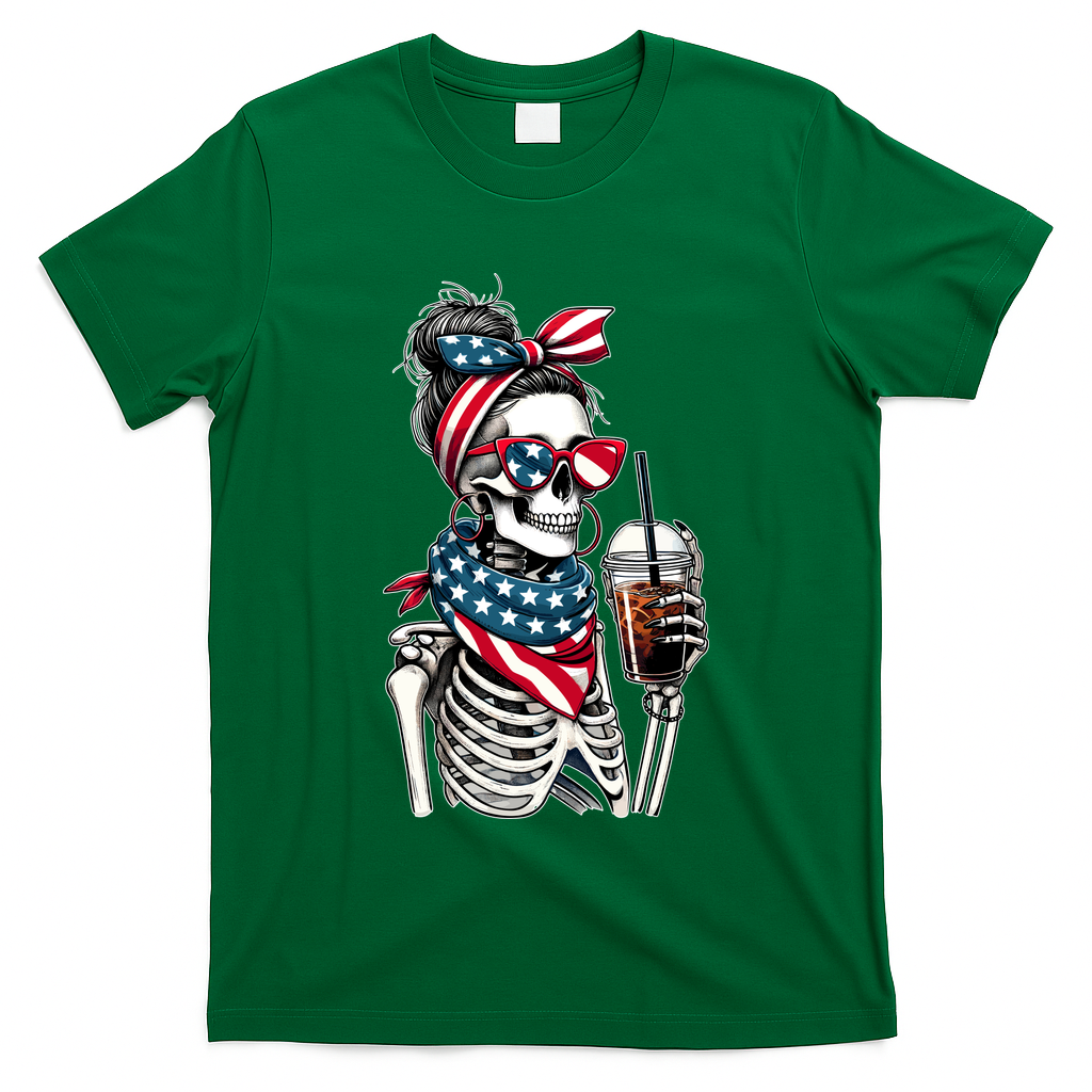 USA America Flag Skeleton Lady Coffee Lover T-Shirt