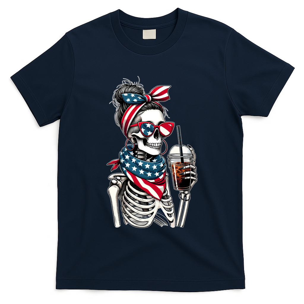 USA America Flag Skeleton Lady Coffee Lover T-Shirt