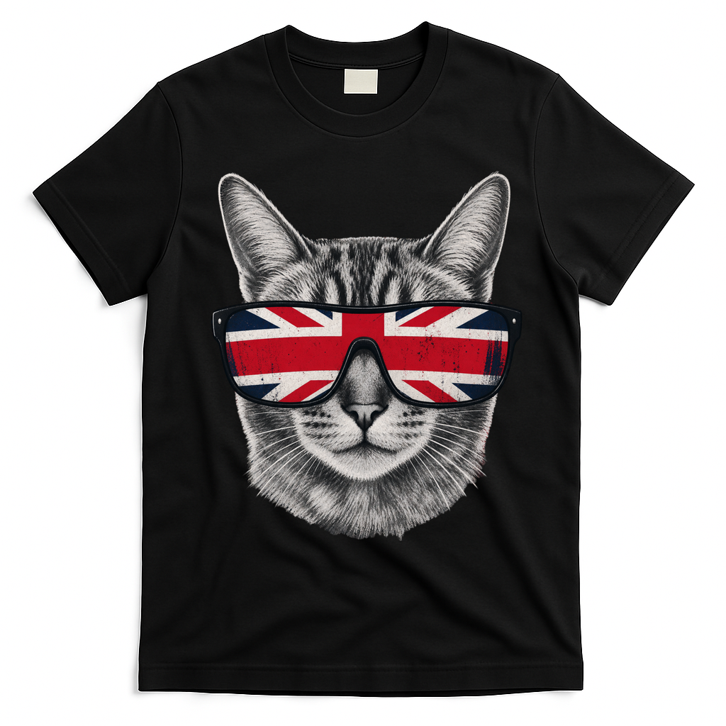 UK Cat Union Jack Flag United Kingdom Kitten England T-Shirt - Black