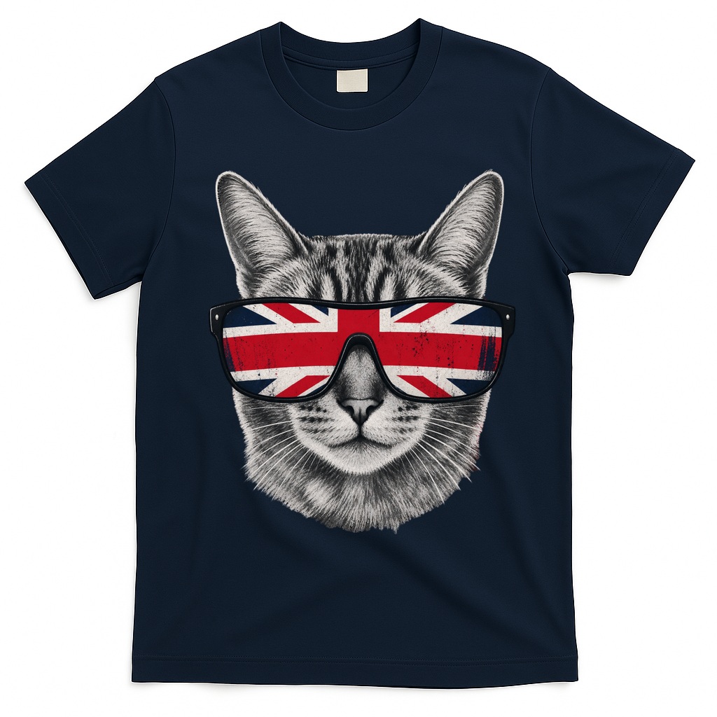 UK Cat Union Jack Flag United Kingdom Kitten England T-Shirt - Navy Blue