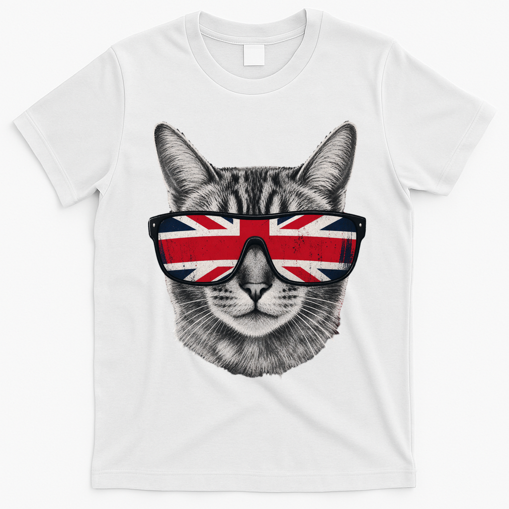 UK Cat Union Jack Flag United Kingdom Kitten England T-Shirt - White