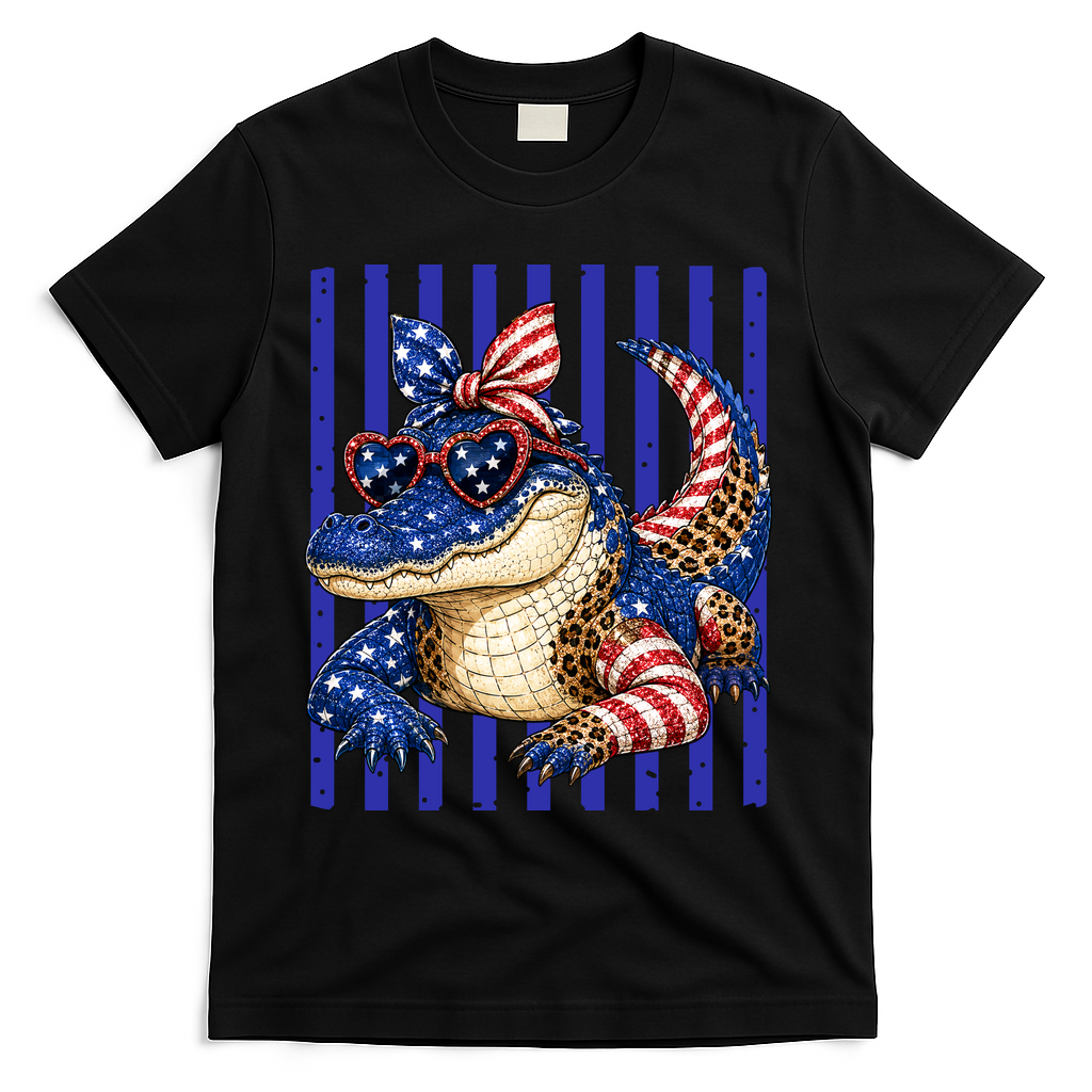 USA Patriotic 4th July Leopard Print Alligator Crocodile  T-Shirt - Black