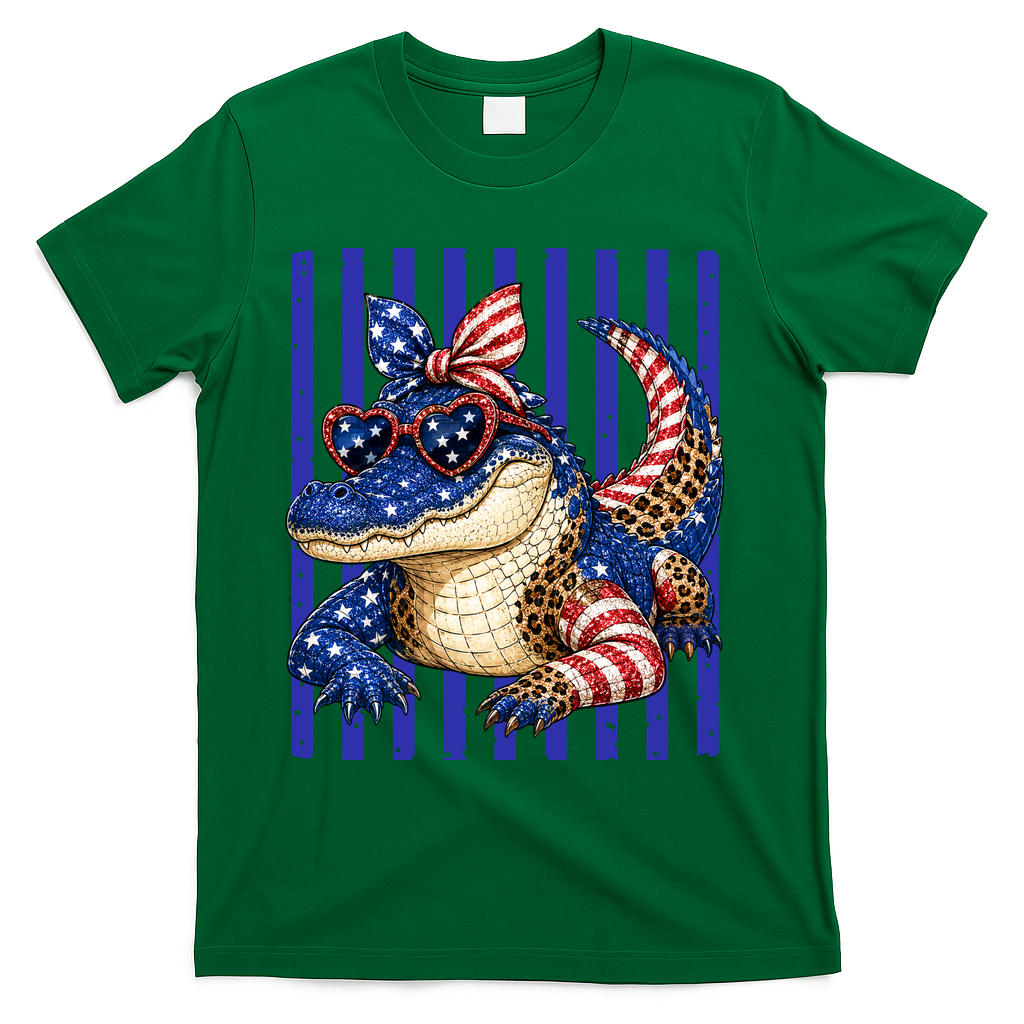 USA Patriotic 4th July Leopard Print Alligator Crocodile  T-Shirt - Green