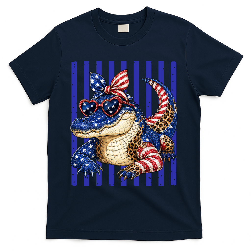 USA Patriotic 4th July Leopard Print Alligator Crocodile  T-Shirt - Navy