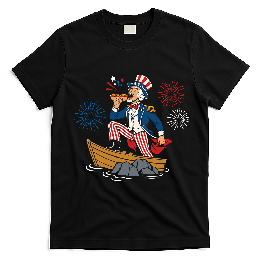Uncle Sam Enjoying A Hot Dog Fireworks USA T-Shirt - Black