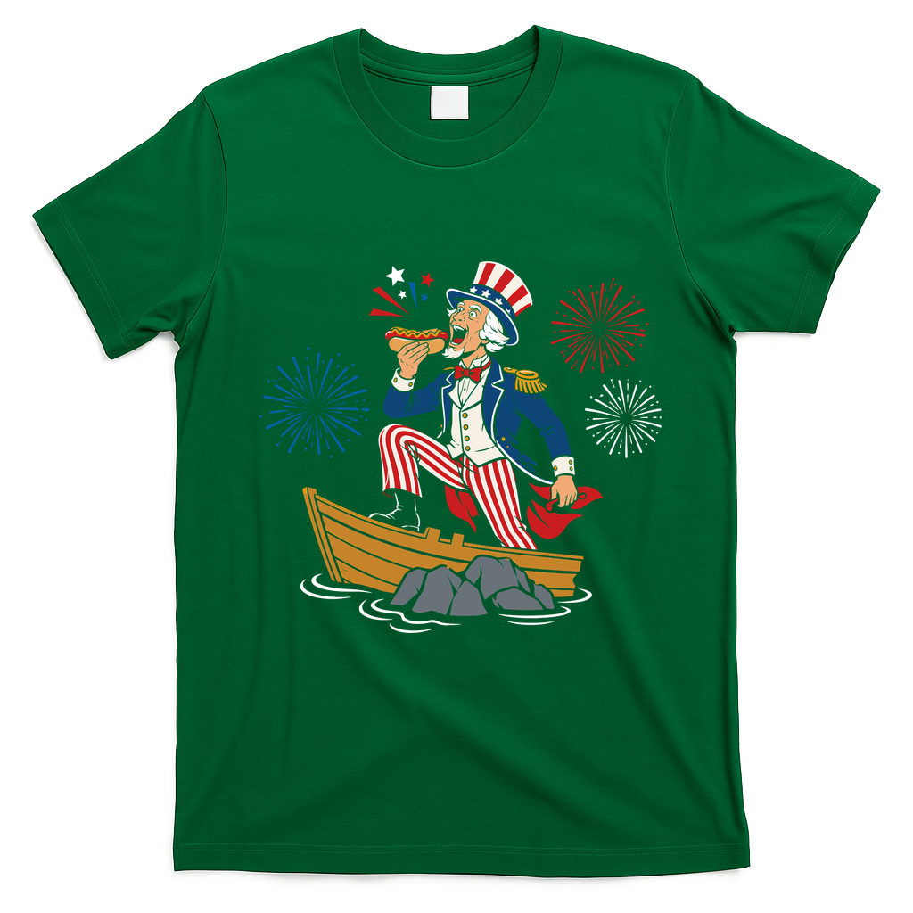 Uncle Sam Enjoying A Hot Dog Fireworks USA T-Shirt - Irish Green