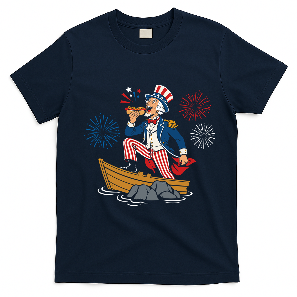 Uncle Sam Enjoying A Hot Dog Fireworks USA T-Shirt - Navy Blue