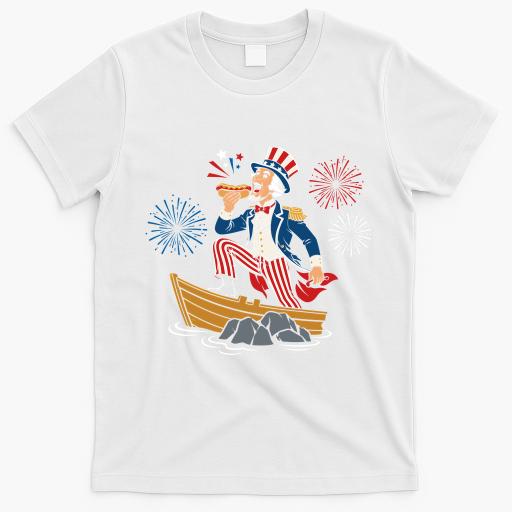 Uncle Sam Enjoying A Hot Dog Fireworks USA T-Shirt - White