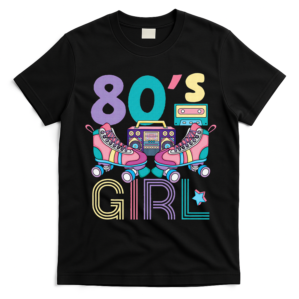 Vibrant 80's Girl Retro Roller Skates Throwback Vibe T-Shirt - Black