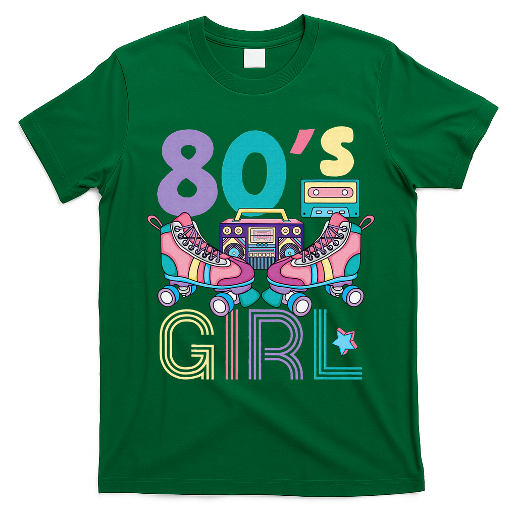 Vibrant 80's Girl Retro Roller Skates Throwback Vibe T-Shirt - Irish Green