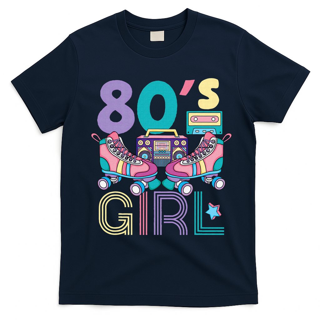Vibrant 80's Girl Retro Roller Skates Throwback Vibe T-Shirt - Navy Blue