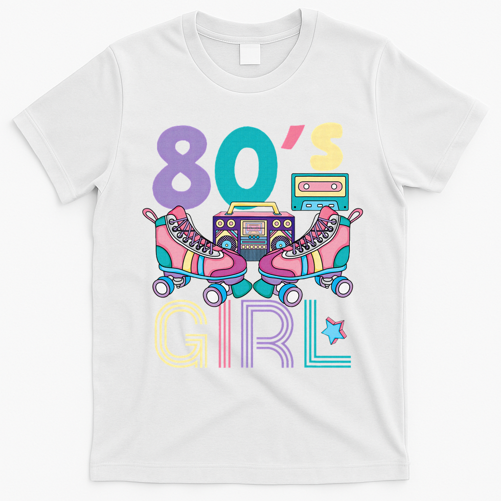 Vibrant 80's Girl Retro Roller Skates Throwback Vibe T-Shirt - White