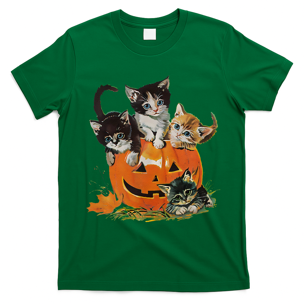 Vintage 90s Cat Pumpkin Halloween Retro Floral Spooky Season Gift T-Shirt - Irish Green