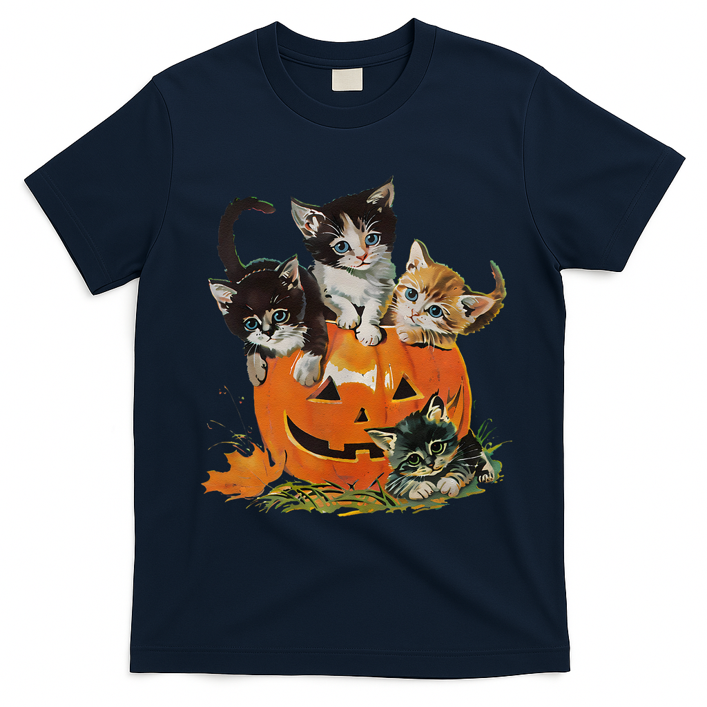 Vintage 90s Cat Pumpkin Halloween Retro Floral Spooky Season Gift T-Shirt - Navy Blue