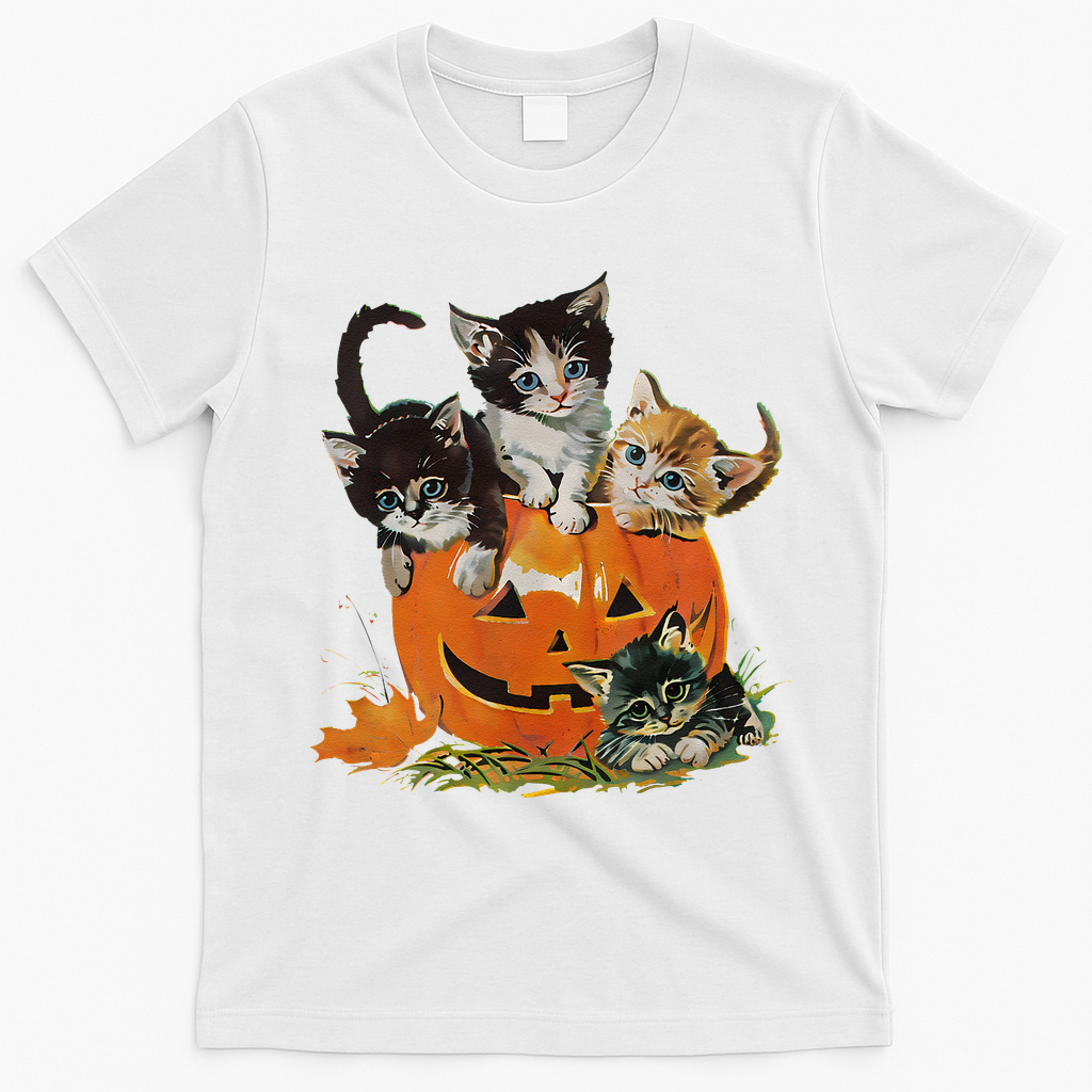 Vintage 90s Cat Pumpkin Halloween Retro Floral Spooky Season Gift T-Shirt - White