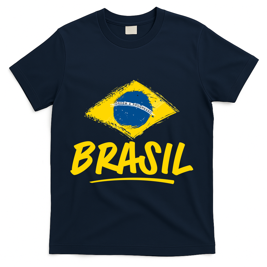 Vintage Brazil Flag Enthusiast Ordem E Progresso T-Shirt - Navy
