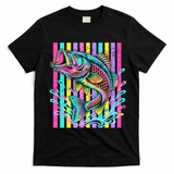 Vibrant Bass Fish Striped Retro Summer Beach Fishing T-Shirt - Black