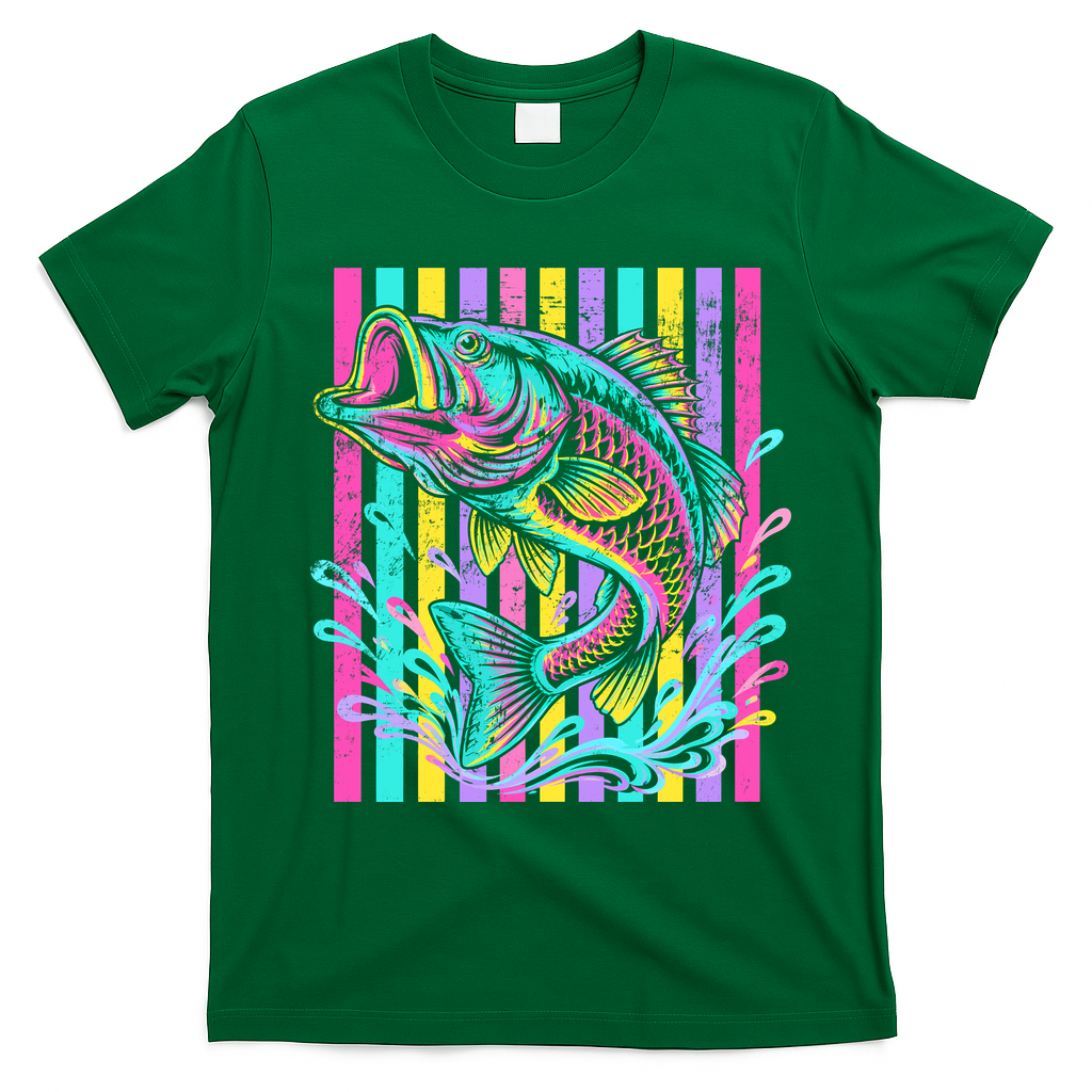 Vibrant Bass Fish Striped Retro Summer Beach Fishing T-Shirt - Irish Green