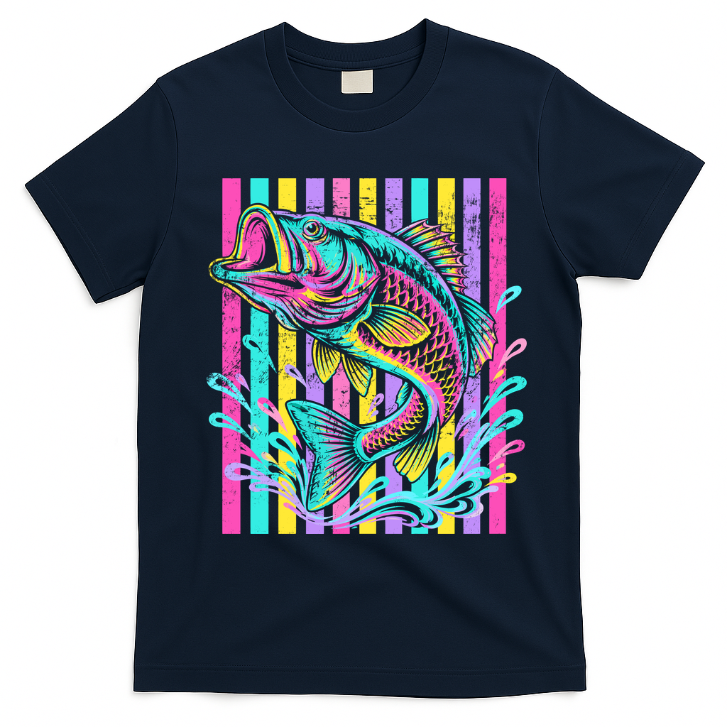 Vibrant Bass Fish Striped Retro Summer Beach Fishing T-Shirt - Navy Blue