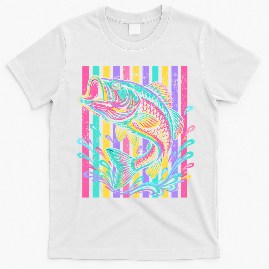 Vibrant Bass Fish Striped Retro Summer Beach Fishing T-Shirt - White