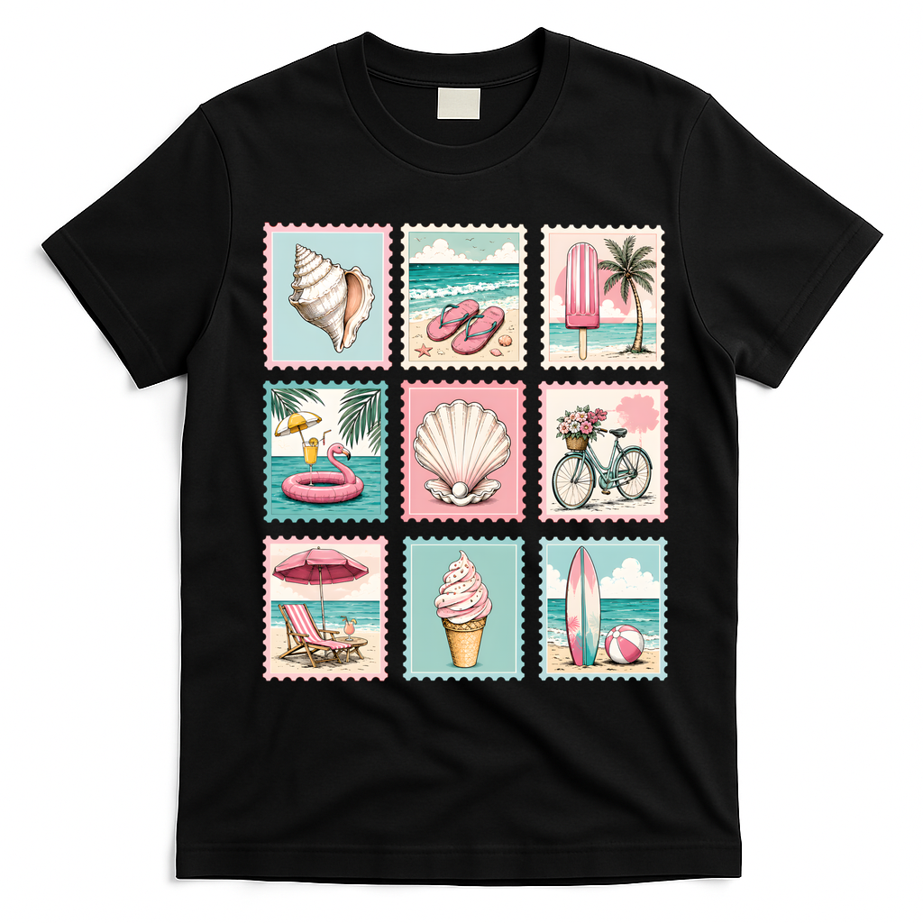 Vintage Beach Stamp Collection Art For Summer T-Shirt - Black