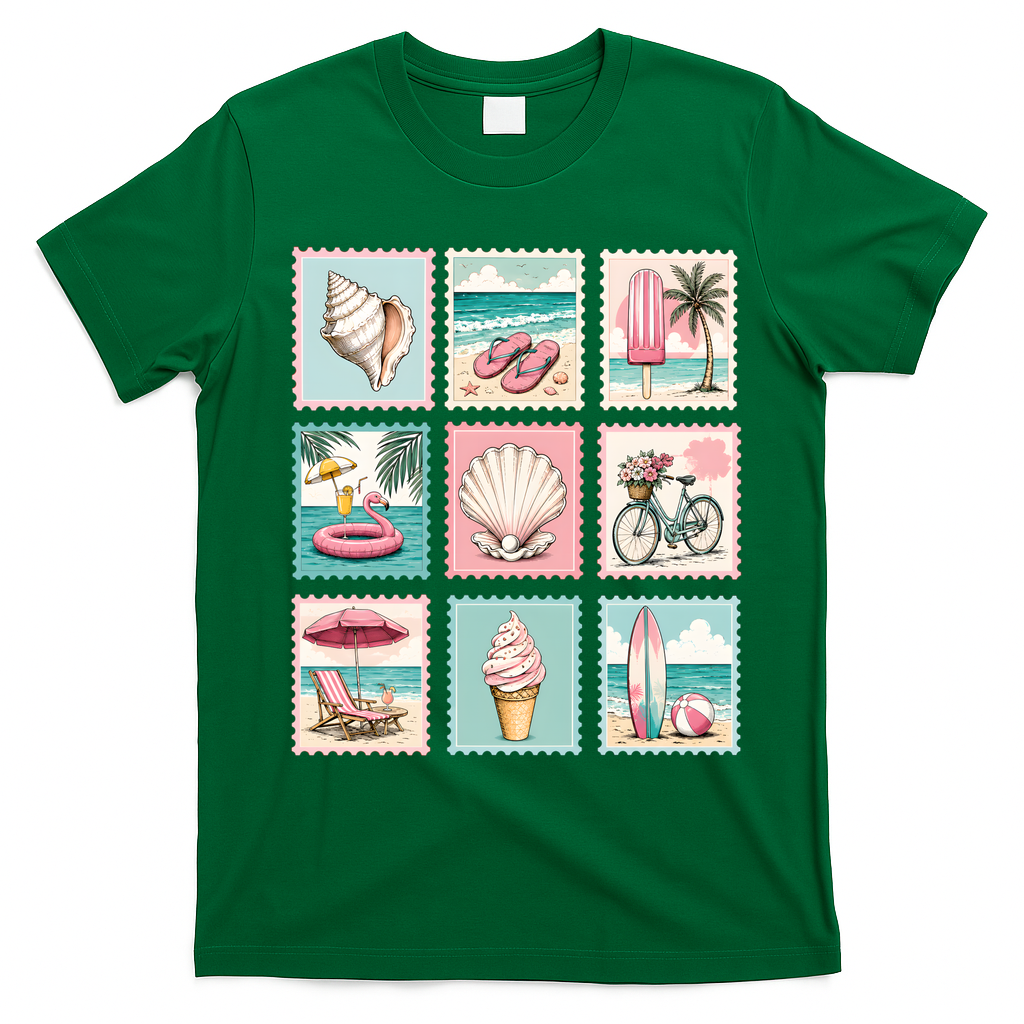 Vintage Beach Stamp Collection Art For Summer T-Shirt - Irish Green