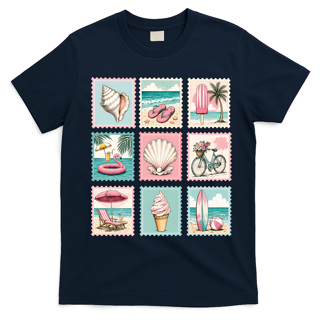 Vintage Beach Stamp Collection Art For Summer T-Shirt - Navy Blue
