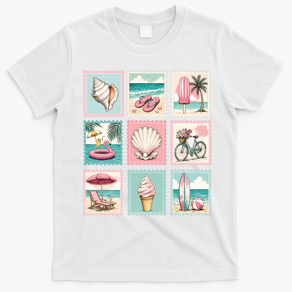 Vintage Beach Stamp Collection Art For Summer T-Shirt - White
