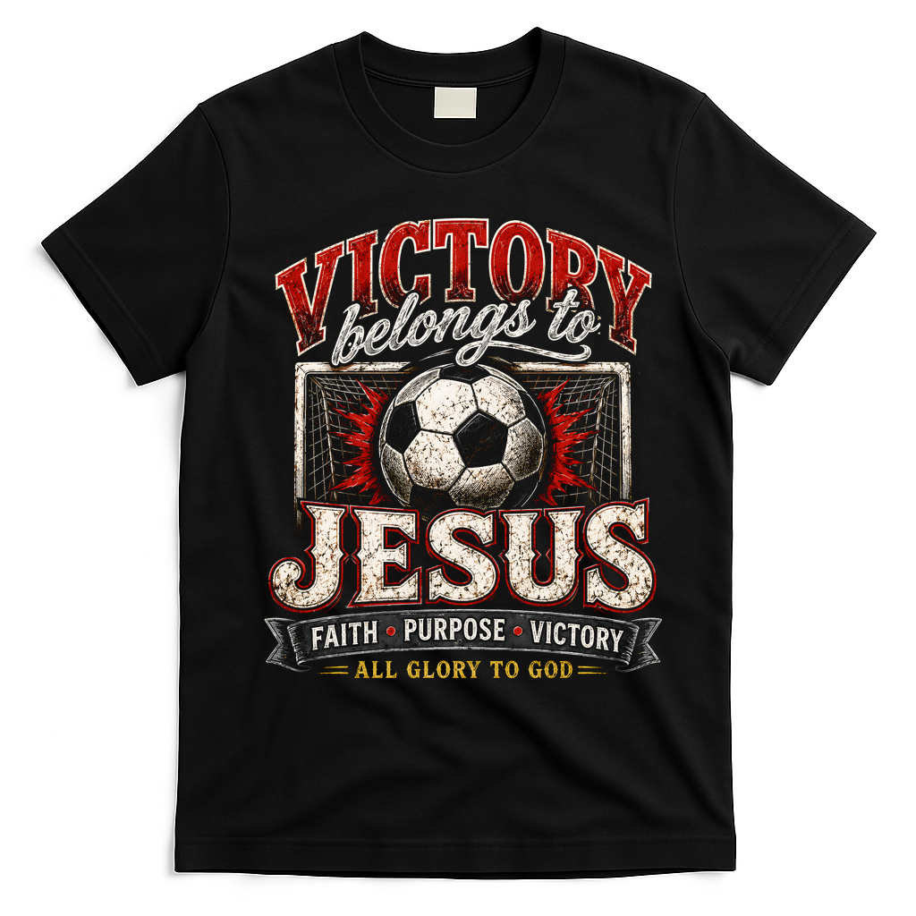 Victory Belongs To Jesus Soccer Faith Glory To God T-Shirt - Black