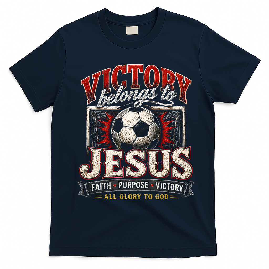 Victory Belongs To Jesus Soccer Faith Glory To God T-Shirt - Navy Blue