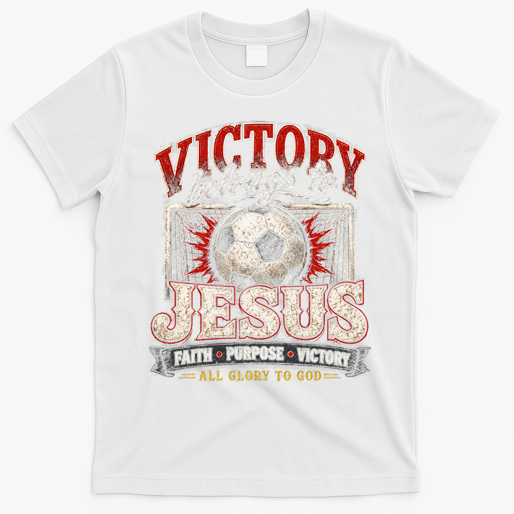 Victory Belongs To Jesus Soccer Faith Glory To God T-Shirt - White