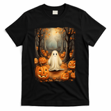 Vintage Cute Ghost Pumpkin Autumn Halloween Gothic Painting T-Shirt - Black