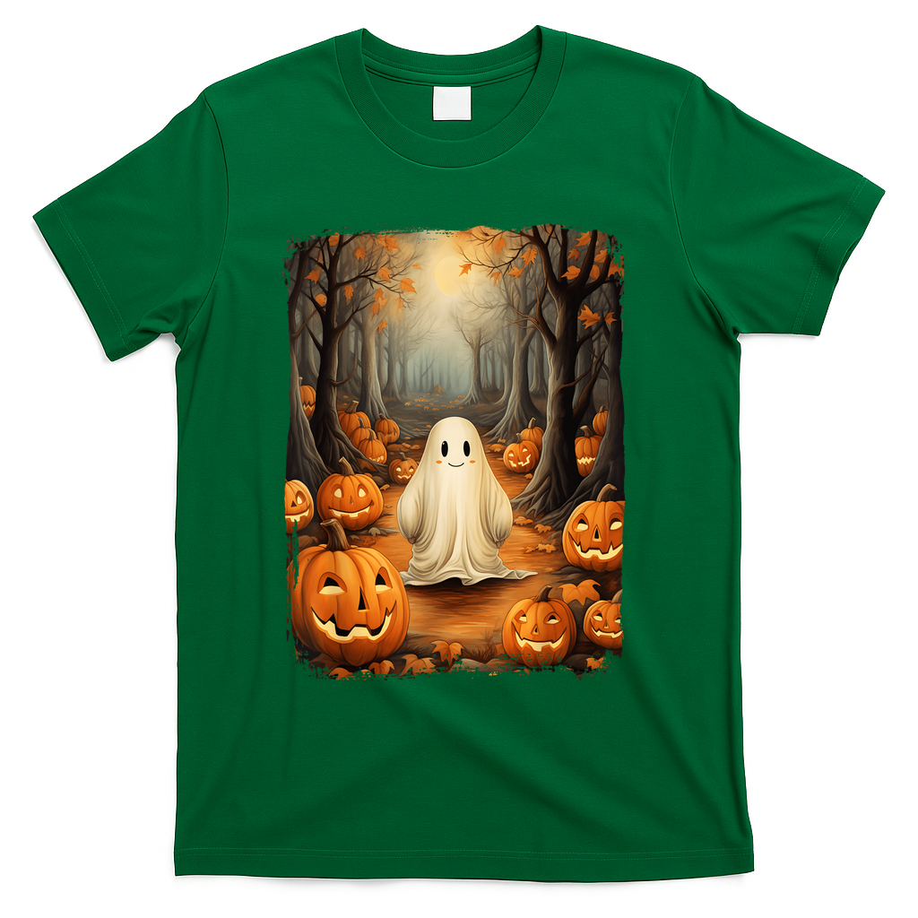 Vintage Cute Ghost Pumpkin Autumn Halloween Gothic Painting T-Shirt - Green