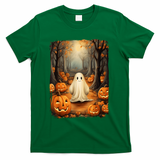 Vintage Cute Ghost Pumpkin Autumn Halloween Gothic Painting T-Shirt - Green