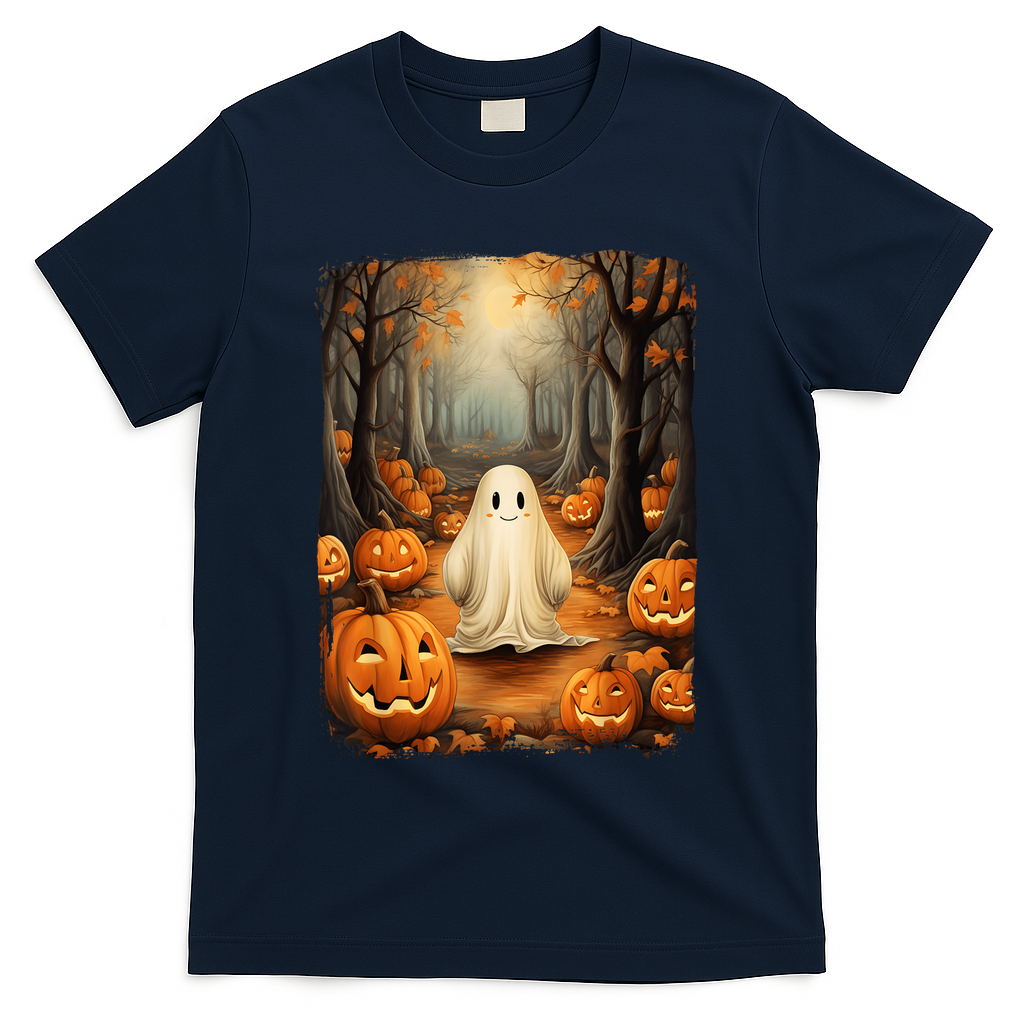 Vintage Cute Ghost Pumpkin Autumn Halloween Gothic Painting T-Shirt - Navy