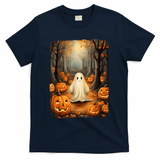 Vintage Cute Ghost Pumpkin Autumn Halloween Gothic Painting T-Shirt - Navy
