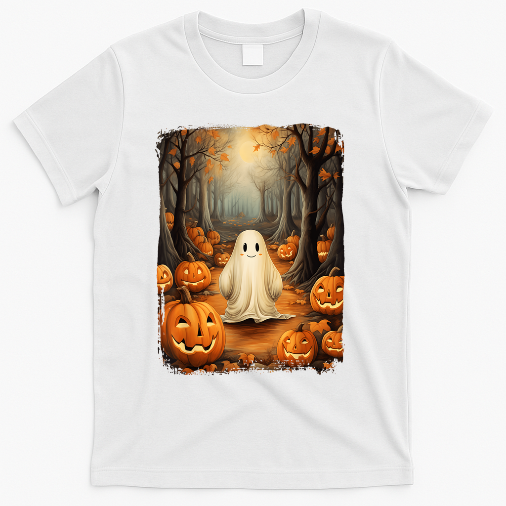 Vintage Cute Ghost Pumpkin Autumn Halloween Gothic Painting T-Shirt - White