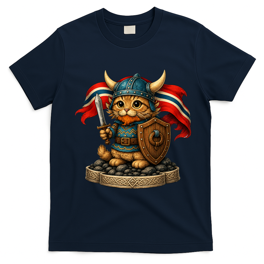 Viking Cat Norway Norwegian T-Shirt - Navy Blue