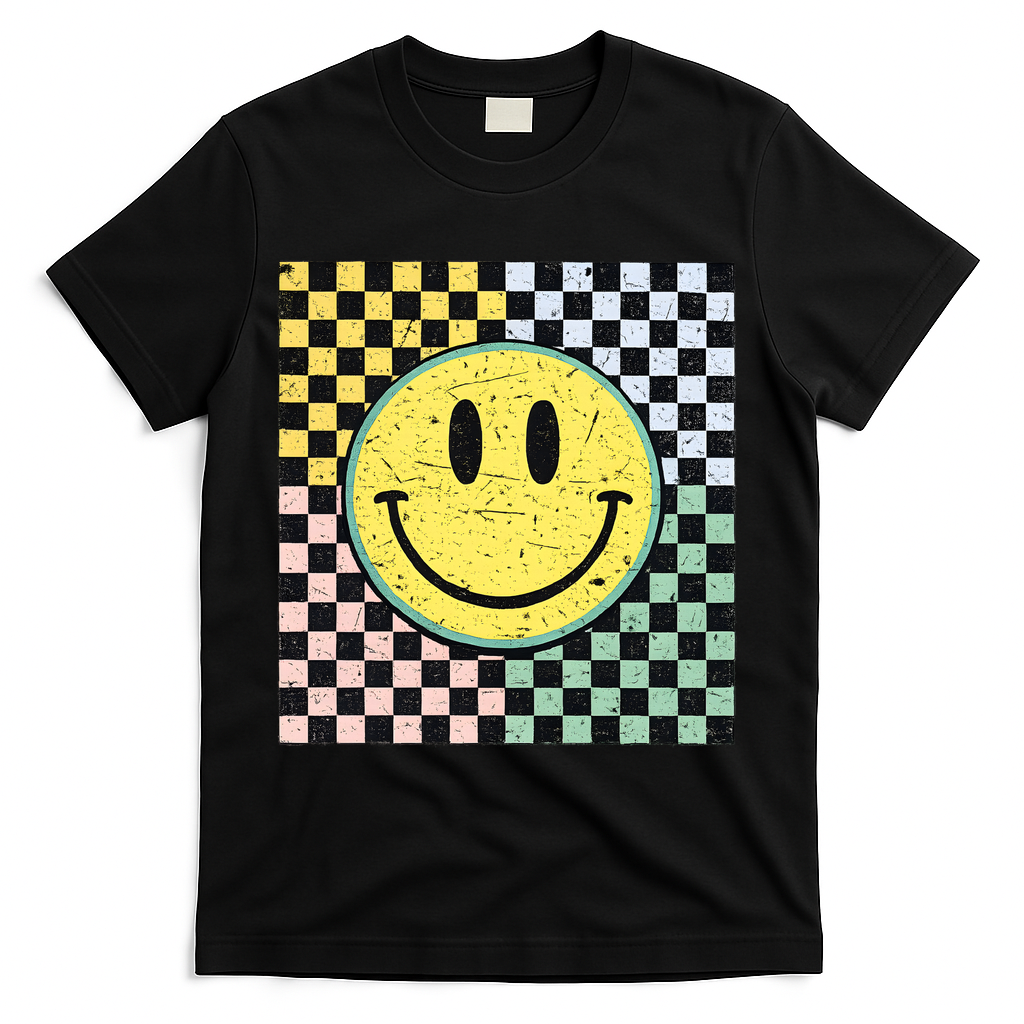 Vintage Checkered Smiling Face T-Shirt - Black