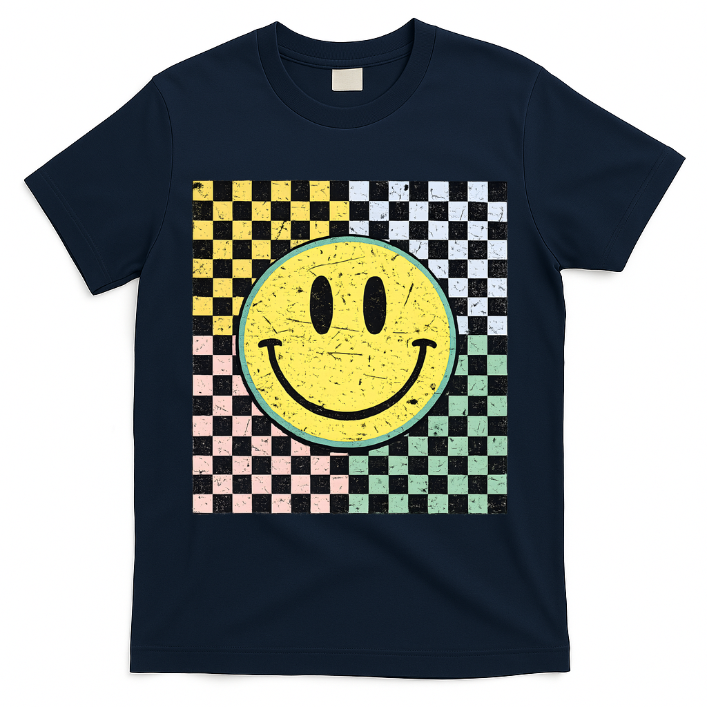 Vintage Checkered Smiling Face T-Shirt - Navy