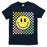 Vintage Checkered Smiling Face T-Shirt - Navy
